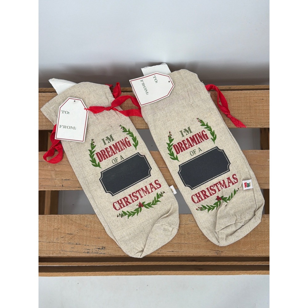 Christmas Wine Gift Bags Set of 2 Linen Chalkboard Panel‎ Red Ribbon